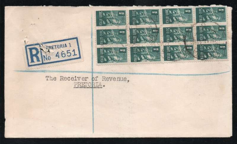 South Africa 1942-45 small war ½d bluish-green block of 4 units on cover. SACC 95. Cat stamps R100.