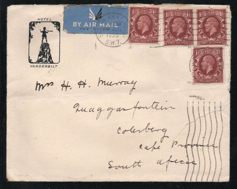 Great Britain 1934-36 KGVI 1½d x 4 on cover South Kensington to SA. "HOTEL VANDERBILT" logo on cover