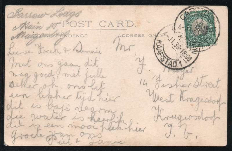 New Pavillion, Muizenberg Post Card with "4-11-36" Cape Town / Kaapstad CDS.