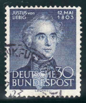 GERMANY (FED REPUBLIC) 1953 150th ANNIV OF JUSTUS VON LIEBIG. 30PF BLUE VFU.