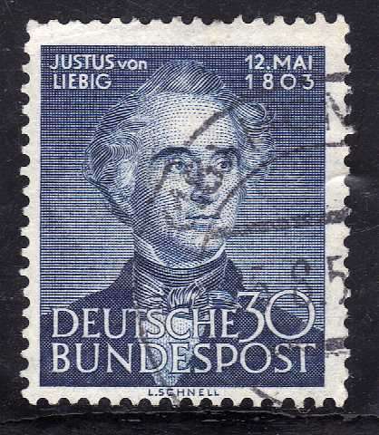 GERMANY WEST 1953 150th ANNIV OF LIEBIG 30PF BLUE VFU. SG 1092. CAT 29 POUNDS.
