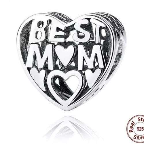 S925 Sterling Silver Best Mom Heart-Shaped Charm Bead fits Pandora Bracelet