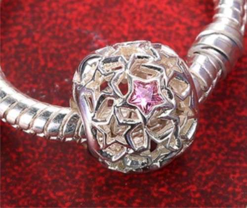 Openwork Stars with Pink Cubic Zircon fits Pandora Snake Chain Bracelet