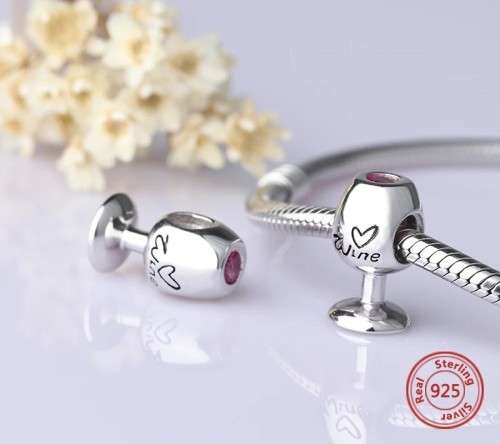 S925 Solid Red Wine Glass Charm, fits Pandora Bracelets
