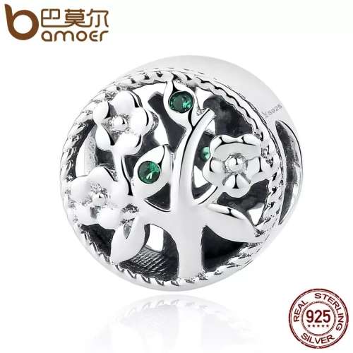 S925 Sterling Silver Tree of Life Charm with Green Cubic Zirconia fits Pandora Bracelets
