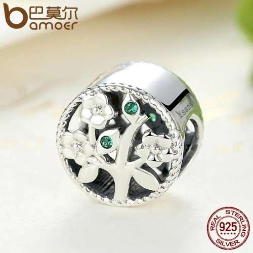 S925 Sterling Silver Tree of Life Charm with Green Cubic Zirconia fits Pandora Bracelets