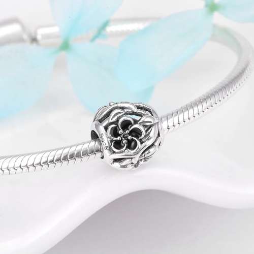 S925 Sterling Silver Black Flower Charm fits Pandora Snake Chain Bracelet