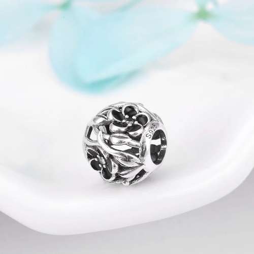 S925 Sterling Silver Black Flower Charm fits Pandora Snake Chain Bracelet