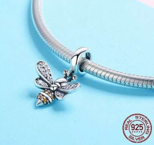 S925 Sterling Silver Dangling Bumble Bee Charm fits Pandora Snake Chain Bracelet