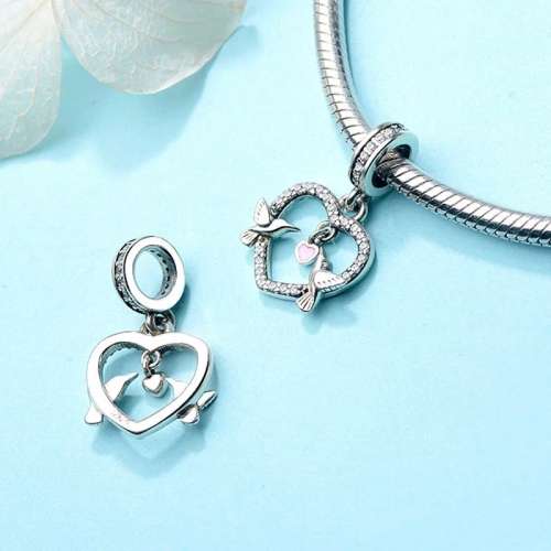 S295 Love Bird Heart Dangle Charm fits Pandora Snake Chain Bracelet