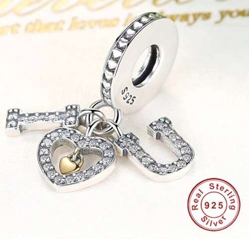 S295 Sparkly I Love U Dangle Charm fits Pandora Snake Chain Bracelet