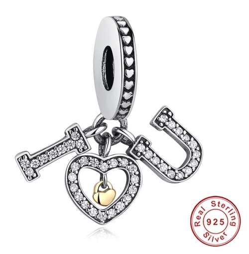 S295 Sparkly I Love U Dangle Charm fits Pandora Snake Chain Bracelet