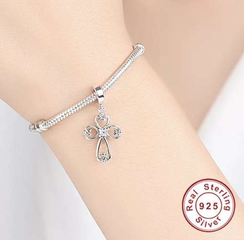 S295 Curly Cross Dangle Charm fits Pandora Snake Chain Bracelet