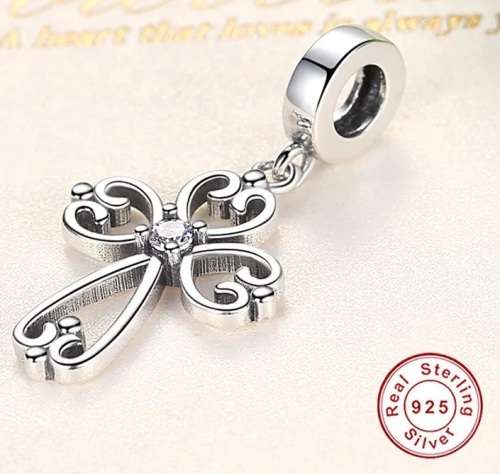 S295 Curly Cross Dangle Charm fits Pandora Snake Chain Bracelet