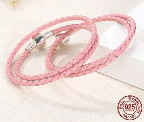 Double Strand Pink Genuine Leather & Sterling Silver Bracelet, size 18