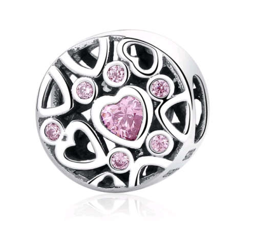 S925 Hearts & Dots Pink CZ Charm fits Pandora Bracelets