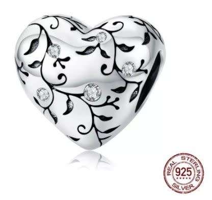 2 x S925 Sterling Silver Heart Charms - fit Pandora Snake Chain Bracelet