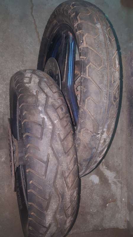 Motorbike tyres and rims.130/90/17 and 110/90/19