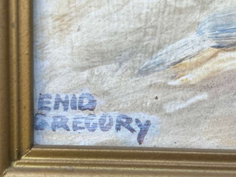 Small painting. Signed and framed. Enid Gregory. Oil in bord.