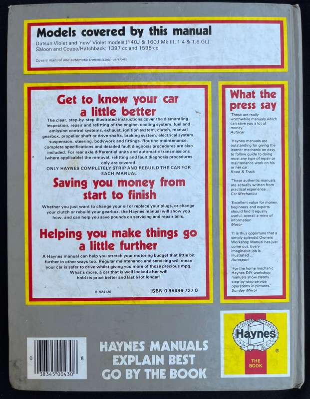 DUTSUN VIOLET, 1978 to 1982, haynes Owners Workshop Manual
