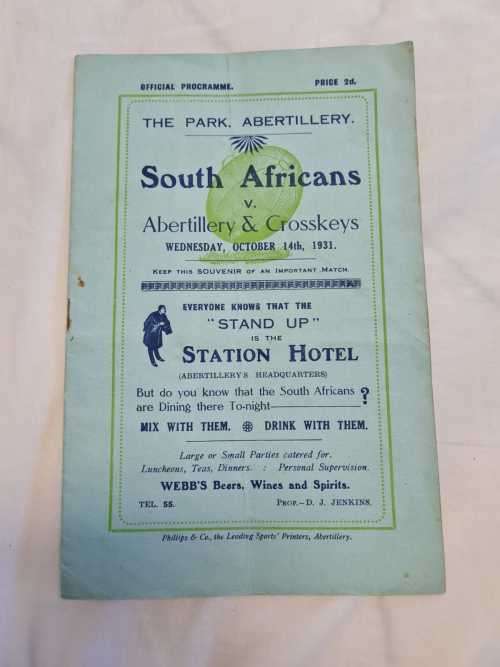 South Africa vs Abertillery and Crosskeys 14 Oct 1931 Program ULTRA RARE SPRINGBOKS 1931 TOUR