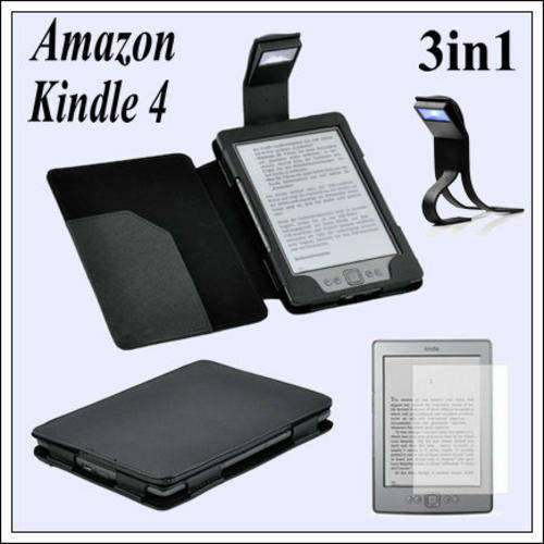 BLACK LEATHER CASE COVER WITH LIGHT FOR KINDLE 4,NEW,free screen protector,free shipping.