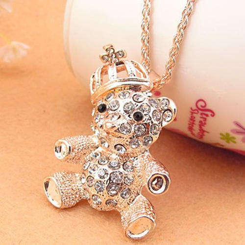 Cute Teddy Bear Pendant With Crystal Long Necklace Fashion jewellery Sweater Chain