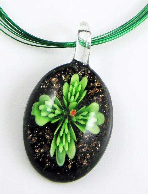 Lampwork Glass Pendant with necklace oval shape with colourful green floral design