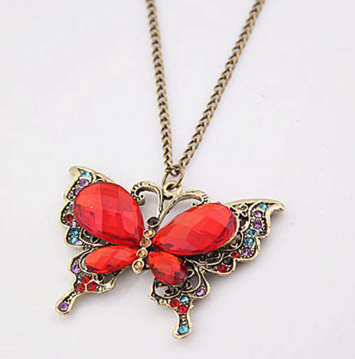 Vintage red rhinestone butterfly pendant necklace