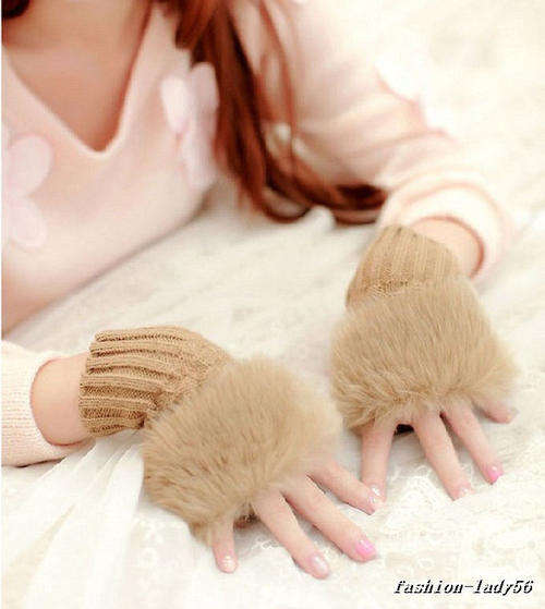 Fingerless faux fur knitted mittens coffee colour