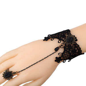 Black lace crystal bracelet ring set