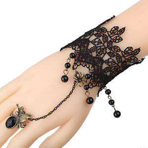 Black lace butterfly bracelet ring set