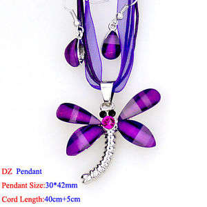Purple rhinestones dragonfly necklace earrings set