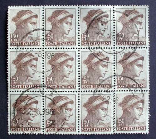 Stamp Italy 1961 Michelangelo issue block of 12 used.