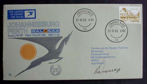Letter Commemoration First Flight SAL Jhb-Perth 1982 signed