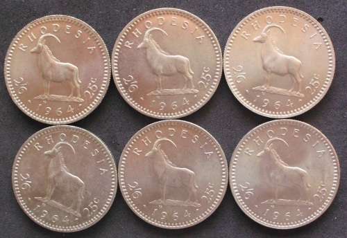 Coin Rhodesia 25c x 6 1964 almost unc.