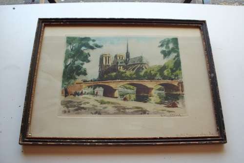 Painting Watercolour - R.Fontayne - Notre Dame - Vintage