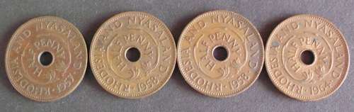 Coin Rhodesia and Nyasaland Half Penny x4