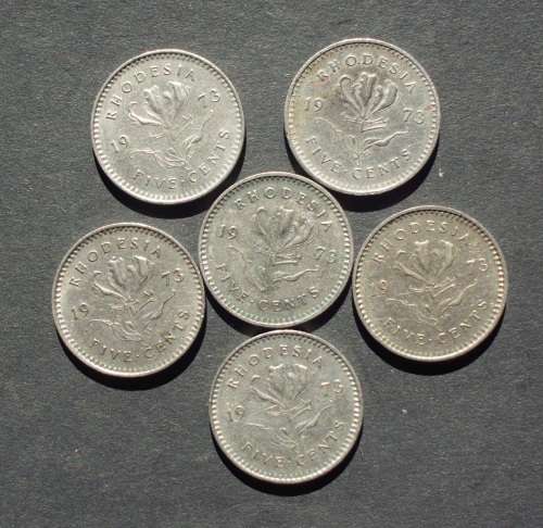 Coin - Rhodesia 1973 5 cents x 6 incl. a 1973 Error Coin