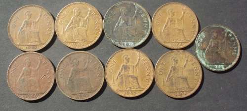 Coin Great Britain pennies Queen Elizabeth x 9