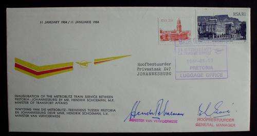 FDC Inauguration of Metroblitz service JHB-PTA 1984 signed no.000090