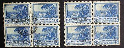 Stamps 2 x blocks of 4 Union SA Pictorial Hyphenated used