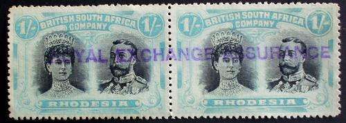 Stamp Rhodesia double head horizontal pair 1910 overstamped rare.