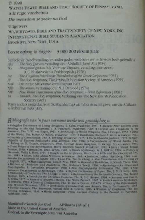 Bible - Die Mensdom Se Soeke Na God - Watchtower - 1990