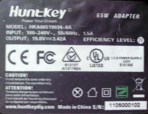 Laptop Charger - Huntkey - 19V x 3.42A  65W - Used
