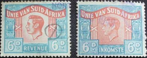 Stamp - Union Of SA X 2 - Revenue 6P - 1952 - Used - 1 x Language Error