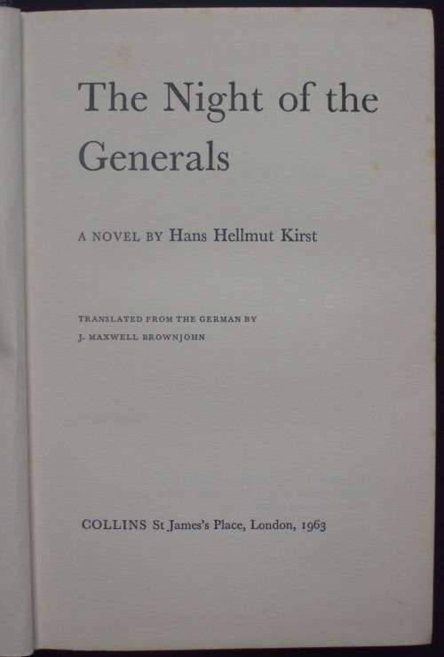 Book - The Night Of The Generals - Hans Kirst - 1963 - 1st ed