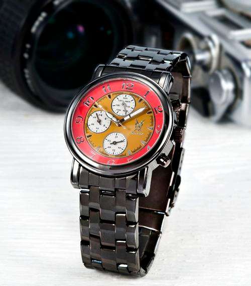 NICE KONIGSWERK VOLLTURNUS GUN METAL STEEL BAND - MUSTARD/RED DIAL CLOCK.GREAT GERMAN PRECISION.
