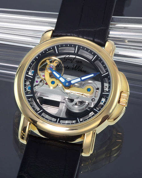 **STUNNING** UNISEX GRAF VON MONTE WEHRO TRENT BLACK/GOLD SKELETON AUTOMATIC CLOCK !!!
