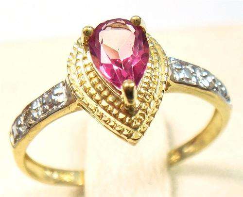 STUNNING 9KT SOLID YELLOW GOLD PEAR PINK TOPAZ & DIAMOND RING SIZE N